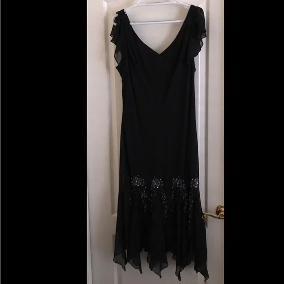 slim fit dress slacks SL Fashions Petite Sequined Lace Cap-Sleeve Dress - Navy